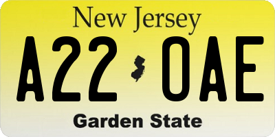NJ license plate A22OAE