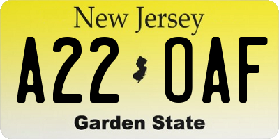 NJ license plate A22OAF