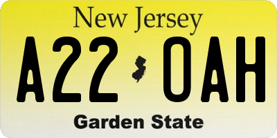 NJ license plate A22OAH