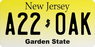NJ license plate A22OAK