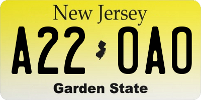 NJ license plate A22OAO