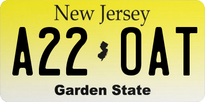 NJ license plate A22OAT