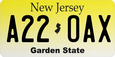 NJ license plate A22OAX