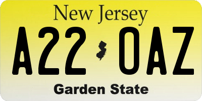 NJ license plate A22OAZ
