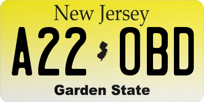 NJ license plate A22OBD
