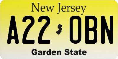NJ license plate A22OBN
