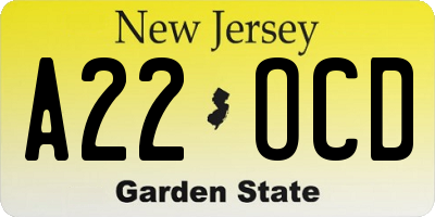 NJ license plate A22OCD