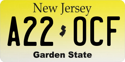 NJ license plate A22OCF