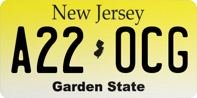 NJ license plate A22OCG