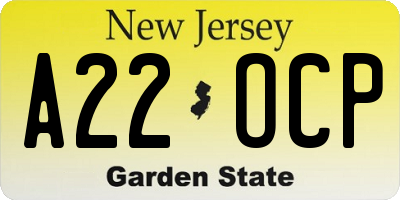 NJ license plate A22OCP