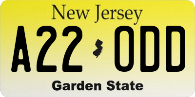 NJ license plate A22ODD