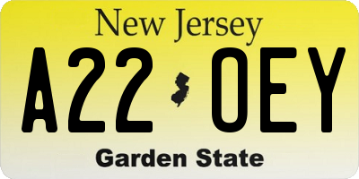 NJ license plate A22OEY