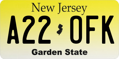 NJ license plate A22OFK