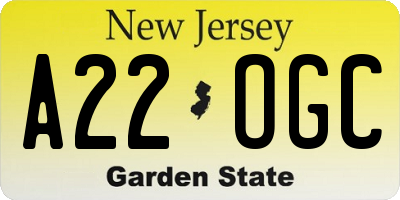 NJ license plate A22OGC