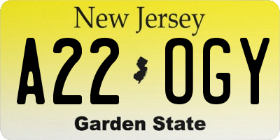 NJ license plate A22OGY