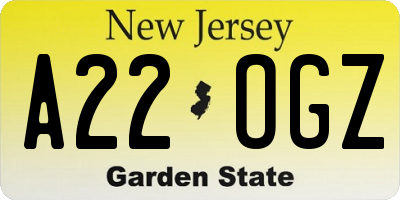 NJ license plate A22OGZ