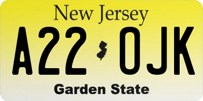 NJ license plate A22OJK