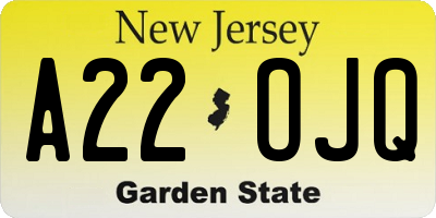 NJ license plate A22OJQ