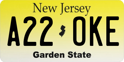 NJ license plate A22OKE