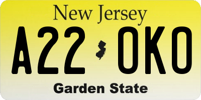 NJ license plate A22OKO