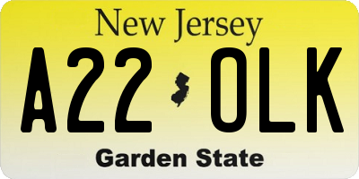 NJ license plate A22OLK