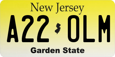 NJ license plate A22OLM