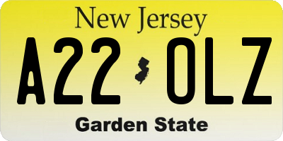NJ license plate A22OLZ