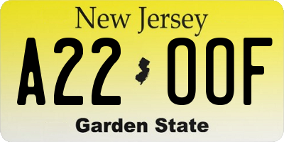 NJ license plate A22OOF