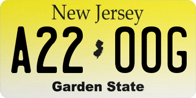 NJ license plate A22OOG