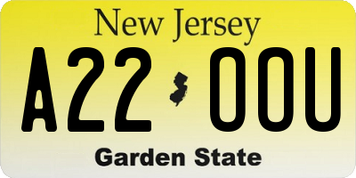 NJ license plate A22OOU