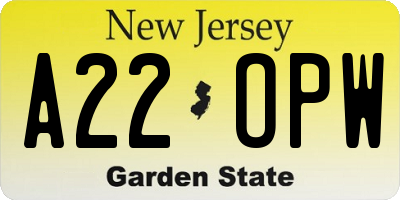 NJ license plate A22OPW