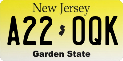 NJ license plate A22OQK