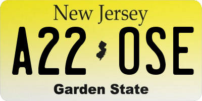 NJ license plate A22OSE
