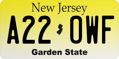 NJ license plate A22OWF