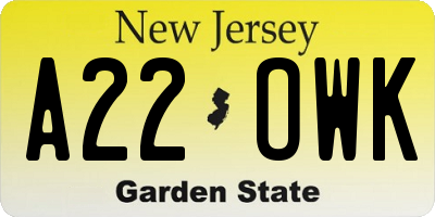 NJ license plate A22OWK
