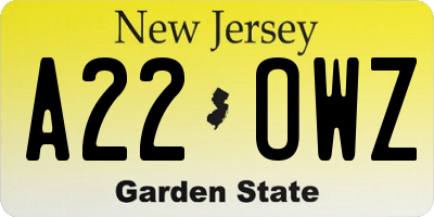 NJ license plate A22OWZ