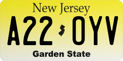 NJ license plate A22OYV
