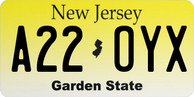NJ license plate A22OYX