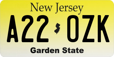 NJ license plate A22OZK