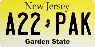 NJ license plate A22PAK