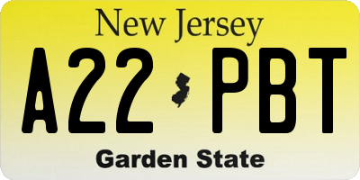 NJ license plate A22PBT