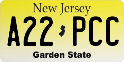 NJ license plate A22PCC