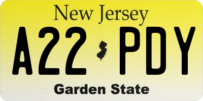 NJ license plate A22PDY
