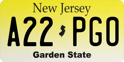 NJ license plate A22PGO