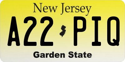 NJ license plate A22PIQ