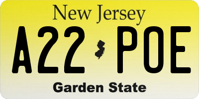 NJ license plate A22POE