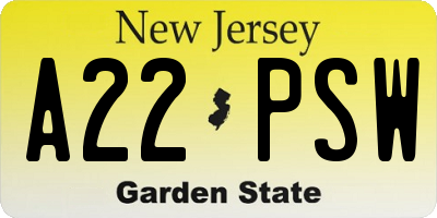 NJ license plate A22PSW