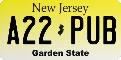 NJ license plate A22PUB
