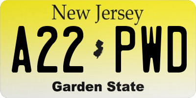 NJ license plate A22PWD