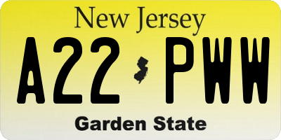 NJ license plate A22PWW